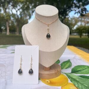 Smoky Gray Black Crystal Glass Pearl Bridal Halloween Grey Romantic Jewelry Set